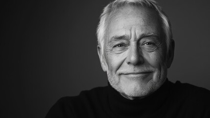Obraz premium A man with a white beard and gray hair is smiling. He is wearing a black sweater and a black shirt