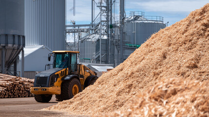 Biomass energy plant&acirc;s storage bin filled with warm-toned wood chip piles, heavy machinery poised nearby to transfer fuel to combustion chambers
