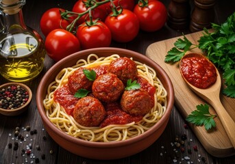 Spaghetti and meatballs in tomato sauce with fresh parsley and ingredients pasta