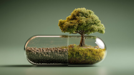 Capsule with Tree Growing Inside Representing Environmental Conservation and Sustainable Future