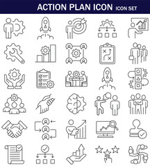 Fototapeta premium Action Plan Icon Set 30 editable line icons for project planning, strategy, teamwork, business goals, task management, and productivity. Perfect for presentations, apps, and websites.