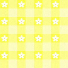 Yellow Gingham Seamless Pattern with Cute White Flowers