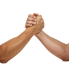Forearms and Interlocked Hands: A Close-Up Depicting Two Individuals in a Potential Test of Strength or a Moment of Shared Connection Against a White Background