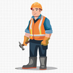 Smiling construction worker with yellow safety helmet and clipboard standing on a job site