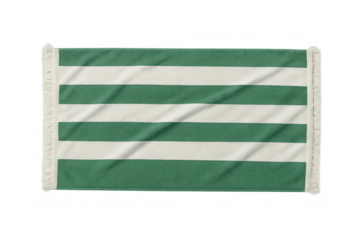 Soft green-white striped beach towel featuring decorative fringes, resting on transparent surface with summer vibes