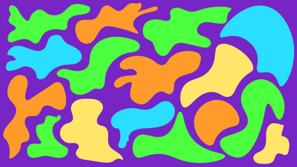Abstract seamless pattern with colorful liquid organic shapes. Psychedelic 90s retro style background with wavy blobs and funky curved forms.