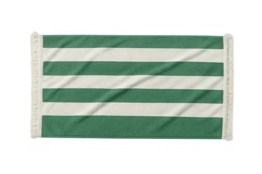 Soft green-white striped beach towel featuring decorative fringes, resting on transparent surface with summer vibes