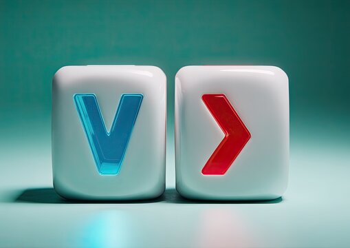 Two white cubes, one with a blue "V" and the other with a red arrow - Powered by Adobe