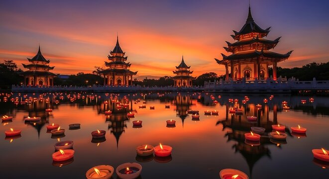 Picturesque sunset illuminating Ayutthaya's Floating Market with floating lanterns