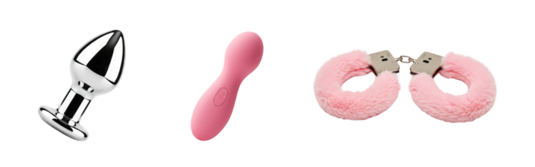 Intimate woman sex toys transparent PNG cutout set bundle, isolated background. Butt plug, vibrator, fluffy pink handcuffs, foreplay, pleasure, games graphic resource