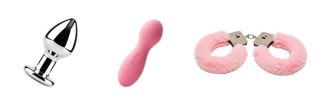 Intimate woman sex toys transparent PNG cutout set bundle, isolated background. Butt plug, vibrator, fluffy pink handcuffs, foreplay, pleasure, games graphic resource