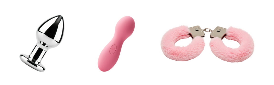 Intimate woman sex toys transparent PNG cutout set bundle, isolated background. Butt plug, vibrator, fluffy pink handcuffs, foreplay, pleasure, games graphic resource