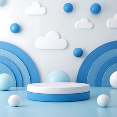 A visually striking 3d render features a blue and white podium amidst geometric shapes, offering a clean and modern backdrop for product displays and presentations
