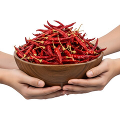Two hands carefully hold a rustic wooden bowl overflowing with vibrant, dried red chili peppers, ready for culinary creation.