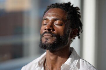 Fototapeta premium African male adult enjoying sunlight with eyes closed in peaceful moment