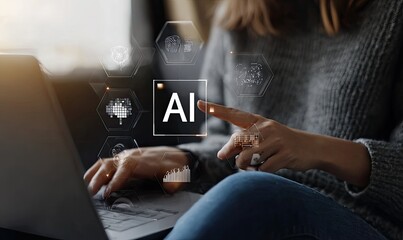 Woman using laptop with AI overlay