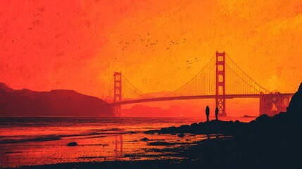 Obraz premium Golden Gate Bridge at sunset, vibrant orange tones