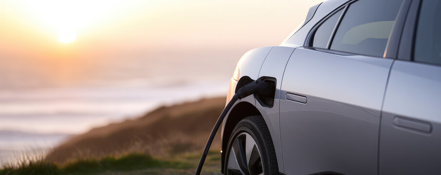 Electric car charges on a scenic coastal road during sunset. Sustainable travel and technology