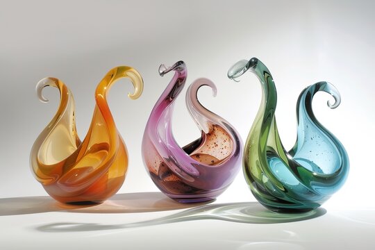 Three colorful, artistic, swan shaped glass sculptures are gracefully displayed on a white surface, showcasing the beauty of hand blown glass art