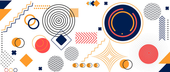 Vibrant geometric abstract background with circles, squares, triangles, and decorative patterns