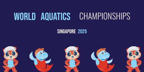 World Aquatics championships banner template design. Vector illustration otter and dugong Frame and typography text. Perfect World competition banner background placard layout. EPS 10