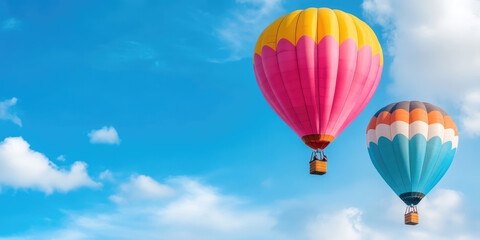 Fototapeta premium Two colorful hot air balloons float in a bright blue sky with scattered clouds. Concept: adventure, leisure, freedom, travel, flight