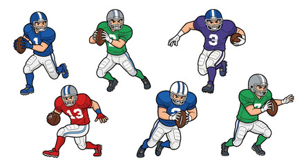 flat style illustration set of American football players in various dynamic action poses, including running with the ball and tackling, capturing the intensity of the game