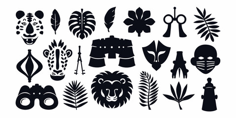 A collection of black silhouette icons themed around jungle exploration