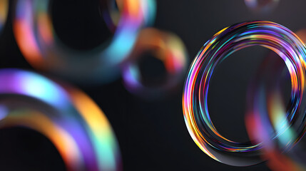 Abstract 3d black background wallpaper with glass transparent circles and colorful light iridescent neon holographic gradient. Crystal render rings, digital graphic design tech banner. 3D Illustration