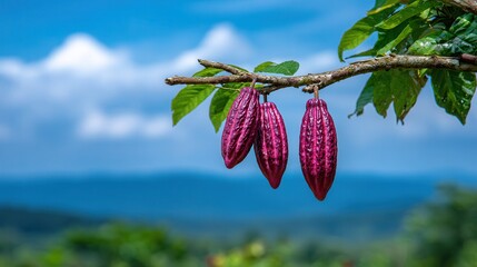 Cacao pods hanging tree branch in tropical landscape