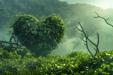 Surreal heart shaped tree symbolizes love for nature and environmental conservation in a misty forest landscape
