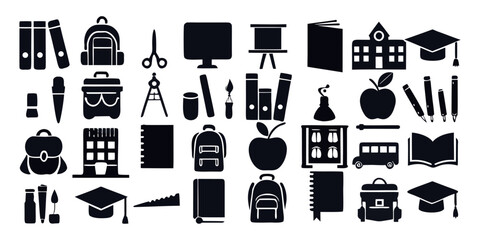 A collection of black silhouette icons themed around school and learning