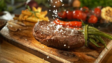 Delicious beef steak on wooden table, close-up