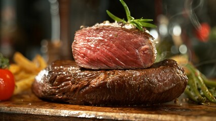 Delicious beef steak on wooden table, close-up