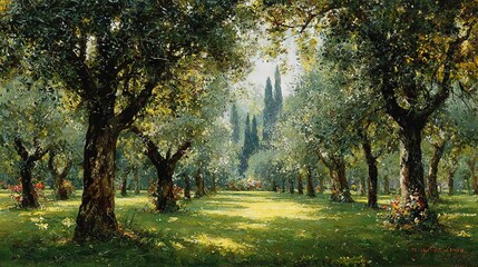 Naklejka premium A painting of a dense green forest brimming with numerous tall trees