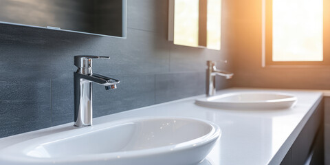 Modern bathroom with chrome faucets and white sinks under sunlight. Elegant and clean interior design