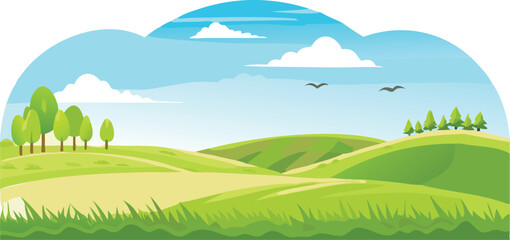 Fototapeta premium landscape with green grass hills and blue cloud 