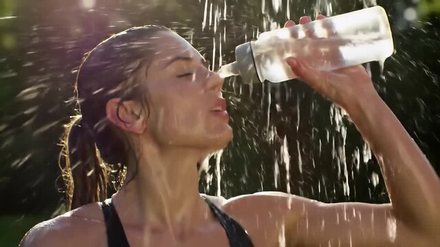 Sporty woman hydrates with water after intense summer outdoor workout under refreshing spr