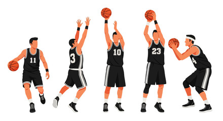 
flat style illustration set of basketball players in various dynamic action poses like shooting, dribbling, and defending, capturing the energy of the court