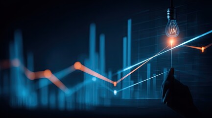 Hand guides glowing lightbulb over financial graphs