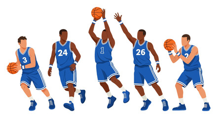 
flat style illustration set of basketball players in various dynamic action poses like shooting, dribbling, and defending, capturing the energy of the court