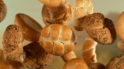 flying fresh savoury pastries on a blurred background