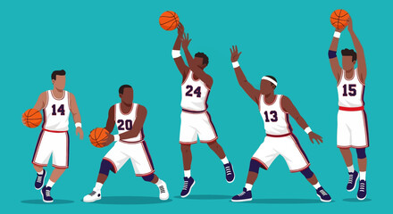  flat style illustration set of basketball players in various dynamic action poses like shooting, dribbling, and defending, capturing the energy of the court © meeblues