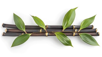 Arrangement of dark bamboo stalks with vibrant green leaves, isolated on white