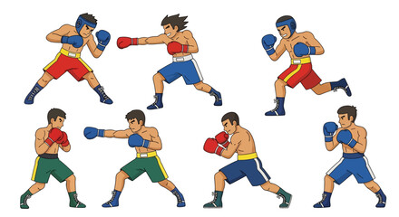 flat style illustration set of boxing players in various fighting stances, including jabs and uppercuts, showcasing the power and skill of combat sports