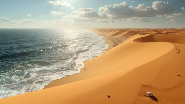 golden desert with sweeping sand dunes meets a deep blue ocean. The waves gently crash against the base of the dunes blue sky and white cloddy day