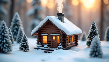 A charming, snow-covered log cabin with smoke rising from its chimney.