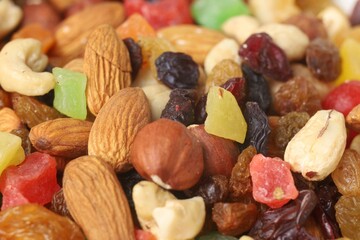 Colorful mix of dried fruits and nuts in a bowl