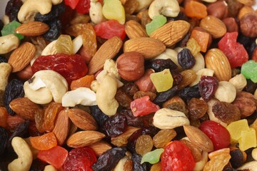 Colorful mix of nuts and dried fruits in a bowl
