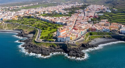 Obraz premium Scenic aerial view of Garachico, Tenerife, showcasing its coastal charm and architecture